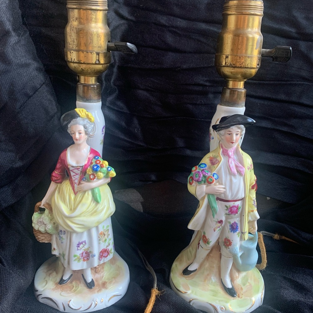 Pair of Antique Goebel porcelain colonial man and woman Figural Boudoir Lamps